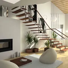 Modern living room with floating stairs, fireplace, and plants. A perfect space for an arquitecto de interiores carrera.