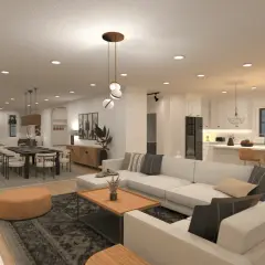 Un salón moderno y espacioso con sofá blanco, mesa de centro de madera y comedor. ¿Cuánto dura la carrera de diseño de interiores?
