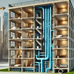 Corte de edificio moderno mostrando el sistema de tuberías para la evacuación de aguas. Grúa y rascacielos al fondo.