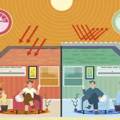 Dos mitades de una casa: una roja, caliente, con un hombre sudando y un medidor de energía alto; otra verde, fresca, con un hombre relajado y un medidor bajo. Ilustra el **térmico general vivienda**.