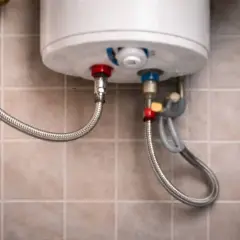 Detalle de la instalación de fontanería de un calentador de agua, con mangueras flexibles conectadas a las tomas de agua.