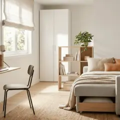 Un espacio acogedor para que crees tu habitación: escritorio plegable, sofá cama, armario y estantería.