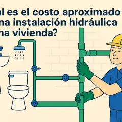 Un fontanero revisa la instalación de agua en una vivienda, mostrando un lavabo, inodoro y ducha.