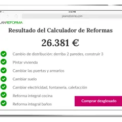 Calculadora de reformas muestra un presupuesto de 26.381€ para obras como cambio de distribución, pintura, y reformas integrales.