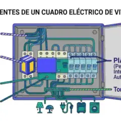 Diagrama de un cuadro eléctrico de vivienda, mostrando el circuito c5 electricidad con entrada de corriente, ICP, ID, protector contra sobretensiones, PIAS y toma de tierra.