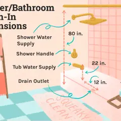 Guía de medidas de instalación de fontanería para duchas y baños. Muestra alturas y distancias para suministro de agua, manija y desagüe.