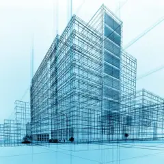 Esquema de edificios modernos en azul. La arquitectura tiene salida laboral, demostrada en este diseño conceptual.