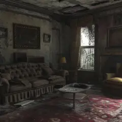Salón abandonado con sofá y sillón desgastados, paredes desconchadas y techo roto. Un ejemplo de casas enfermas energéticamente.