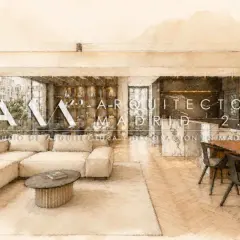 Estudio de arquitectura y diseño de interiores en Madrid. Un salón moderno con sofá beige, mesa de centro y comedor.