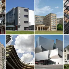 Un collage de edificios icónicos que muestran la diversidad de la arquitectura siglo xx, desde el modernismo hasta el posmodernismo.