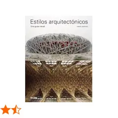 Portada del libro "Estilos arquitectónicos": un estadio moderno y un techo gótico intrincado, mostrando la evolución de los estilos arquitectónicos.
