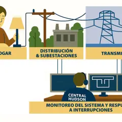 Ilustración muestra cómo llega la electricidad a las casas: desde la transmisión y distribución hasta el hogar, con monitoreo central.