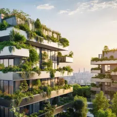 Edificios modernos cubiertos de vegetación exuberante, un ejemplo de arquitectura sostenible.