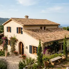 Casa mediterránea con tejado de tejas de barro, rodeada de vegetación y con vistas al mar. Los diferentes tipos de tejas aportan carácter.