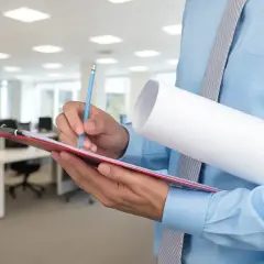 Persona con camisa azul y corbata a rayas, sosteniendo un portapapeles rojo y un rollo de papel. Podría ser un **lpo** o un **cfo** revisando documentos.