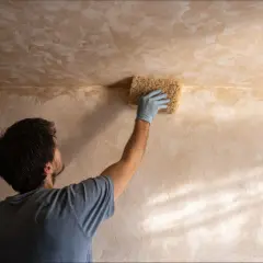 Hombre con guante azul lijando paredes con esponja.