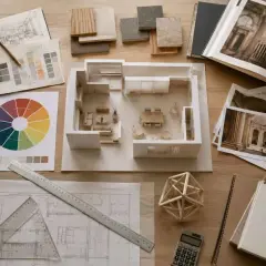 Herramientas para una carrera de diseño interiores: bocetos, maquetas, muestras de materiales, libros de arquitectura y planos.