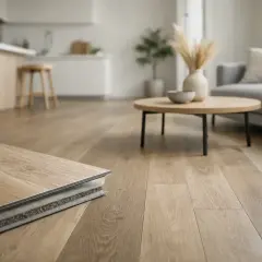Muestra la diferencia entre suelo laminado y vinílico, con una muestra de material en primer plano y un salón moderno al fondo.