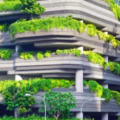 Edificio moderno con balcones cubiertos de vegetación exuberante, un ejemplo vivo de que es la sustentabilidad en la arquitectura.