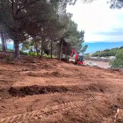 Excavadora roja trabaja en un solar urbano despejado, listo para construir.