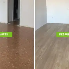 Antes y después de colocar suelo laminado. La imagen muestra la preparación del suelo y el resultado final, con las lamas dispuestas de forma paralela a la luz.