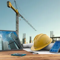 Un promotor y contratista planifica un proyecto de construcción con planos, tablet, móvil y casco.