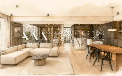 Estudio de arquitectura y diseño de interiores en Madrid. Un salón moderno con sofá beige, mesa de centro y comedor.