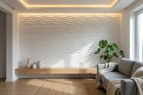 Modern living room with wavy white wall panels, a wooden shelf with vases, a monstera plant, and a grey sofa. These **acabados de paredes** create a serene atmosphere.