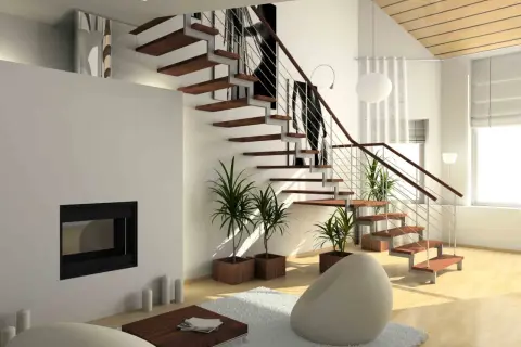 Modern living room with floating stairs, fireplace, and plants. A perfect space for an arquitecto de interiores carrera.