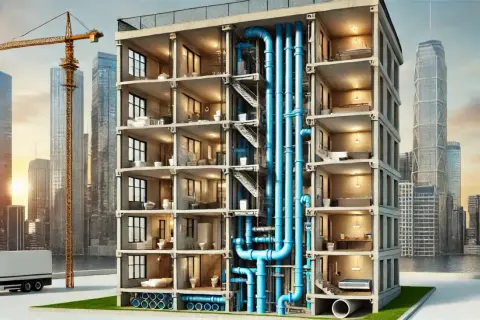 Corte de edificio moderno mostrando el sistema de tuberías para la evacuación de aguas. Grúa y rascacielos al fondo.