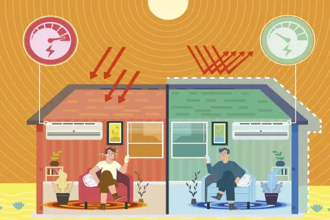 Dos mitades de una casa: una roja, caliente, con un hombre sudando y un medidor de energía alto; otra verde, fresca, con un hombre relajado y un medidor bajo. Ilustra el **térmico general vivienda**.