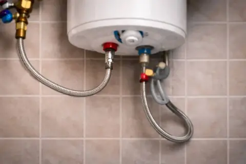 Detalle de la instalación de fontanería de un calentador de agua, con mangueras flexibles conectadas a las tomas de agua.