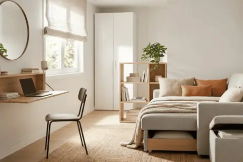 Un espacio acogedor para que crees tu habitación: escritorio plegable, sofá cama, armario y estantería.