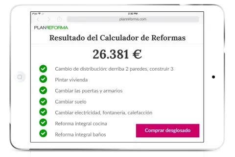 Calculadora de reformas muestra un presupuesto de 26.381€ para obras como cambio de distribución, pintura, y reformas integrales.