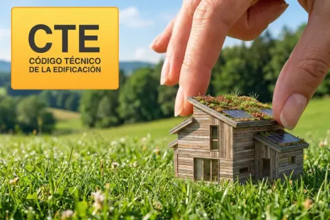 Una mano protege una casa ecológica con techo verde y paneles solares, bajo el logo "CTE Código Técnico de la Edificación".