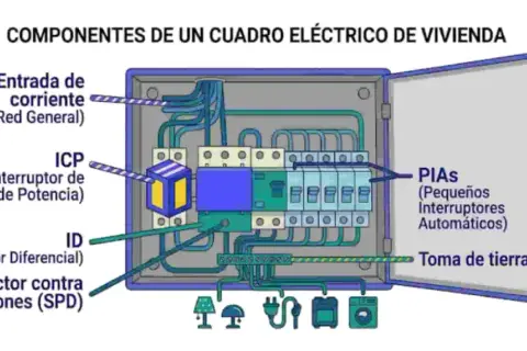 Diagrama de un cuadro eléctrico de vivienda, mostrando el circuito c5 electricidad con entrada de corriente, ICP, ID, protector contra sobretensiones, PIAS y toma de tierra.