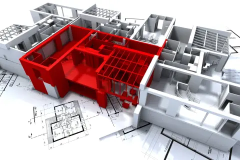Maqueta 3D de un proyecto de ejecución de obra, con planos arquitectónicos y una sección resaltada en rojo.