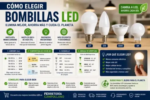 Guía para elegir bombillas LED: tipos, lúmenes, temperatura de color, casquillo y ángulo de apertura. ¡Ahorra energía y cuida el planeta!