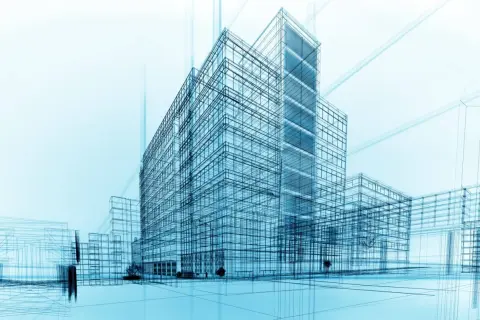 Esquema de edificios modernos en azul. La arquitectura tiene salida laboral, demostrada en este diseño conceptual.