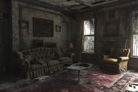 Salón abandonado con sofá y sillón desgastados, paredes desconchadas y techo roto. Un ejemplo de casas enfermas energéticamente.