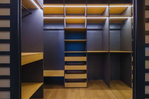 Armarios por dentro: ideas de organización con estantes de madera, cajones y luces LED integradas para un espacio moderno y funcional.