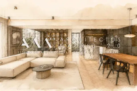 Estudio de arquitectura y diseño de interiores en Madrid. Un salón moderno con sofá beige, mesa de centro y comedor.