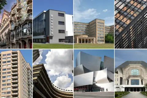 Un collage de edificios icónicos que muestran la diversidad de la arquitectura siglo xx, desde el modernismo hasta el posmodernismo.