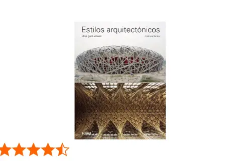 Portada del libro "Estilos arquitectónicos": un estadio moderno y un techo gótico intrincado, mostrando la evolución de los estilos arquitectónicos.