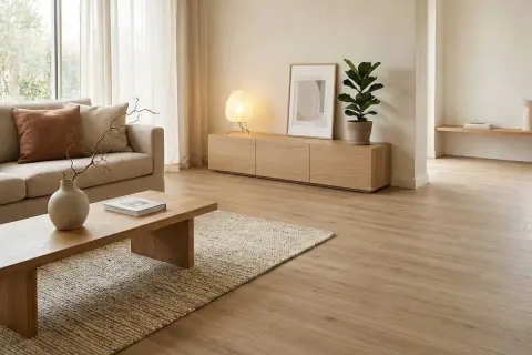 Salón con decoración Japandi: sofá beige, mesa de centro de madera, alfombra de yute, mueble bajo de roble y planta.