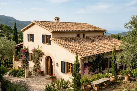 Casa mediterránea con tejado de tejas de barro, rodeada de vegetación y con vistas al mar. Los diferentes tipos de tejas aportan carácter.