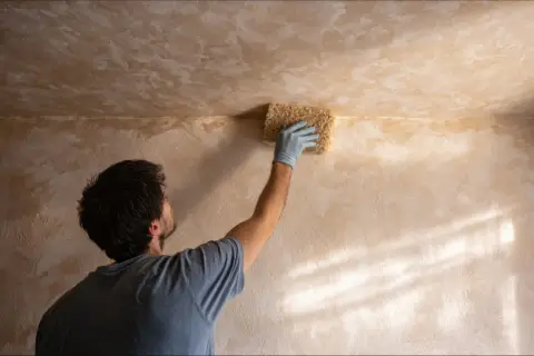 Hombre con guante azul lijando paredes con esponja.