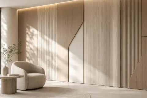 Variedad de tipos de paredes y materiales: madera acanalada, paneles lisos y detalles curvos crean una textura visual acogedora.