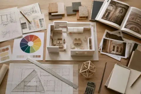 Herramientas para una carrera de diseño interiores: bocetos, maquetas, muestras de materiales, libros de arquitectura y planos.