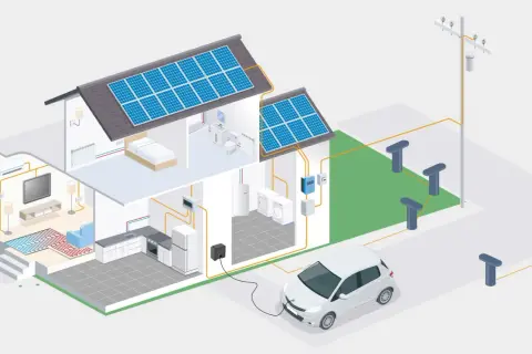 Diagrama de viviendas autosuficientes con paneles solares en el tejado, sistema de calefacción radiante, electrodomésticos y un coche eléctrico cargando.